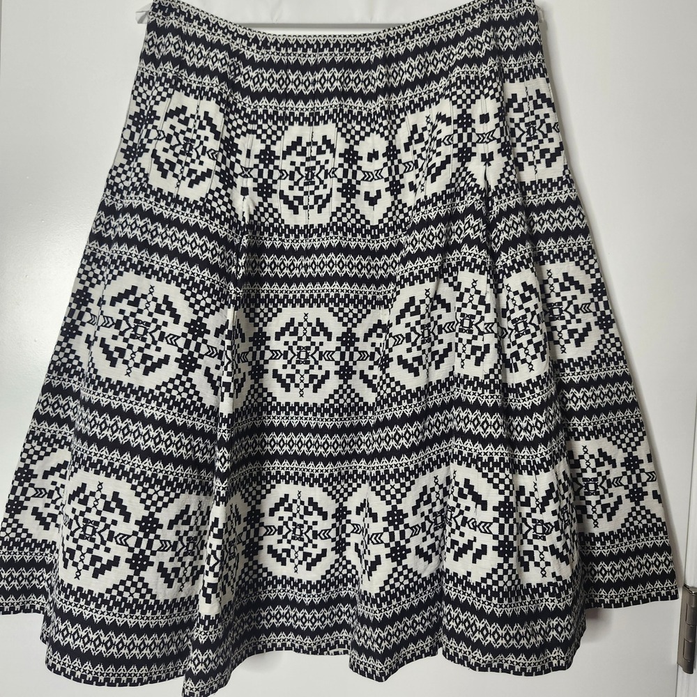 Nine West Silk Linen Geometric Boho Print A-Line Skirt Black White Womens 10